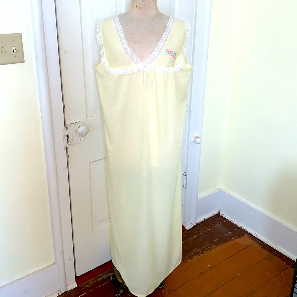 Vintage Catnap Sweet Dream Pale Yellow Lace Trim Sleeveless Cotton Nightgown 2XL